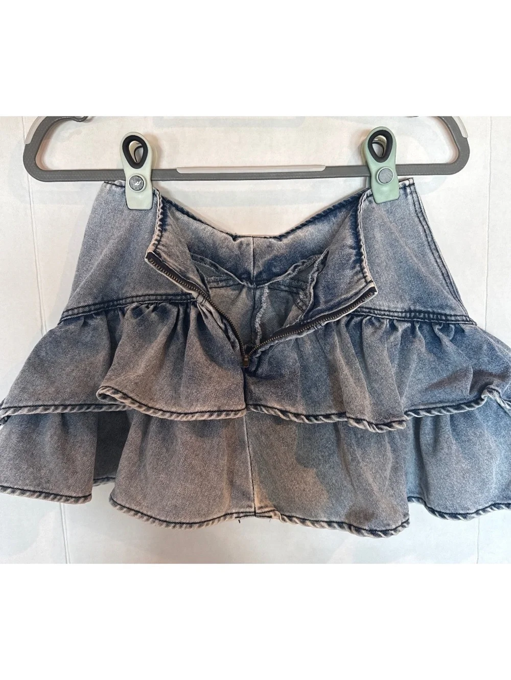 Denim Ruffle Mini Skirt with Back Zipper